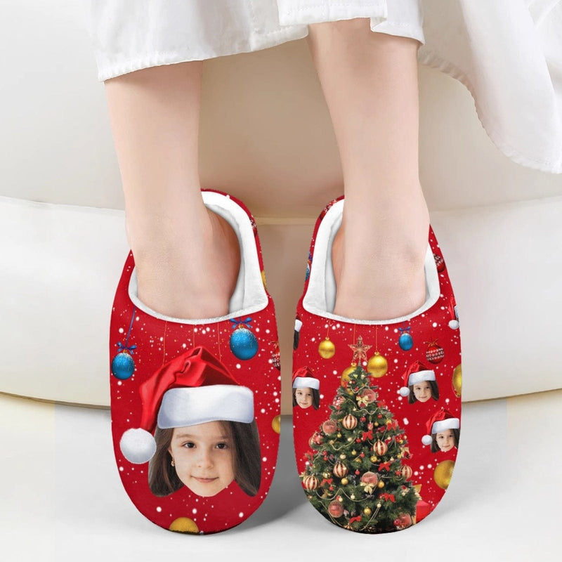 FacePajamas Slippers-2ML-ZD Custom Face Christmas Tree Cotton Slippers for Adult&Kids Personalized Non-Slip Slippers Warm House Shoes