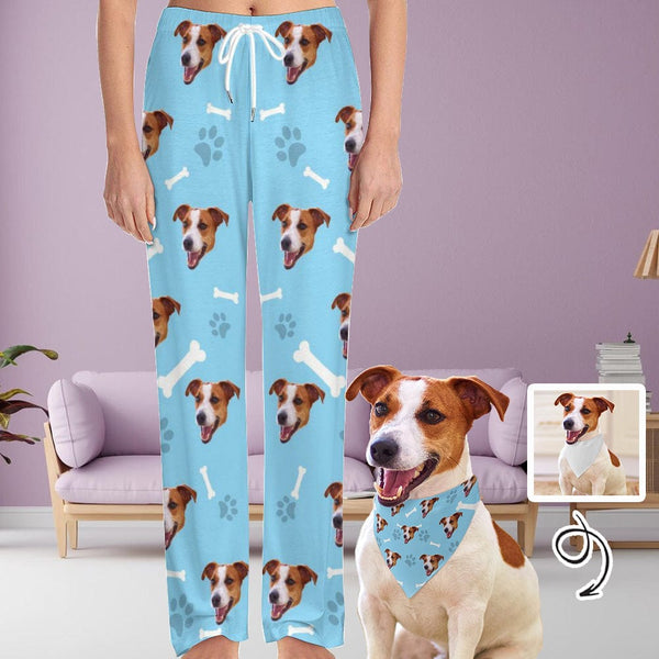FacePajamas Pajama Pants& Bandana-2ML-SDS Custom Face Dog Bone Paw Print Blue Background Pajama Pants and Pet Dog Bandana
