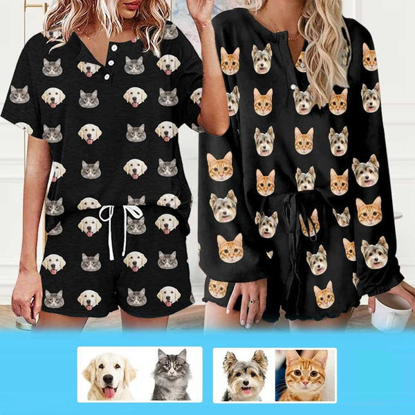 Custom Face Pajama Set with Pet Face Cat Dog Women's Short Sleeve Loungewear