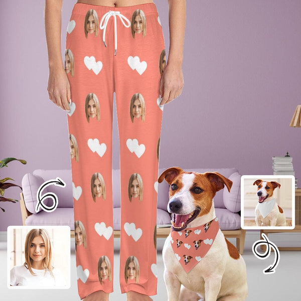 FacePajamas Pajama Pants& Bandana-2ML-SDS Custom Face White Heart Pink Background Pajama Pants and Pet Dog Bandana