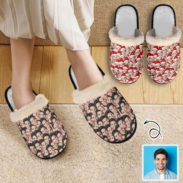 FacePajamas Slippers-2ML-ZD Custom Seamless Face Fuzzy Slippers for Women and Men Personalized Photo Non-Slip Slippers Indoor Warm House Shoes