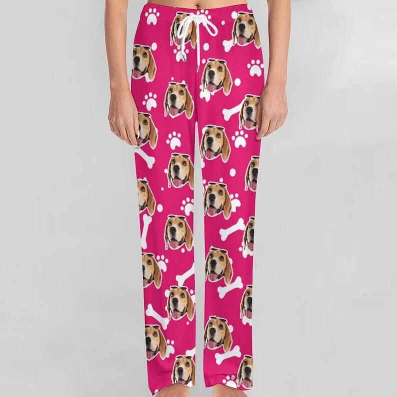 FacePajamas Pajama Pants& Bandana-2ML-SDS For Adult-Pajama Pants / Fuschia / S Custom Dog Face Dog Bone Pajama Pants and Pet Dog Bandana