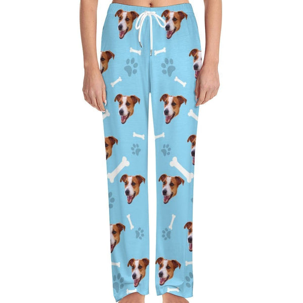 FacePajamas Pajama Pants& Bandana-2ML-SDS For Adult-Pajama Pants / S Custom Face Dog Bone Paw Print Blue Background Pajama Pants and Pet Dog Bandana