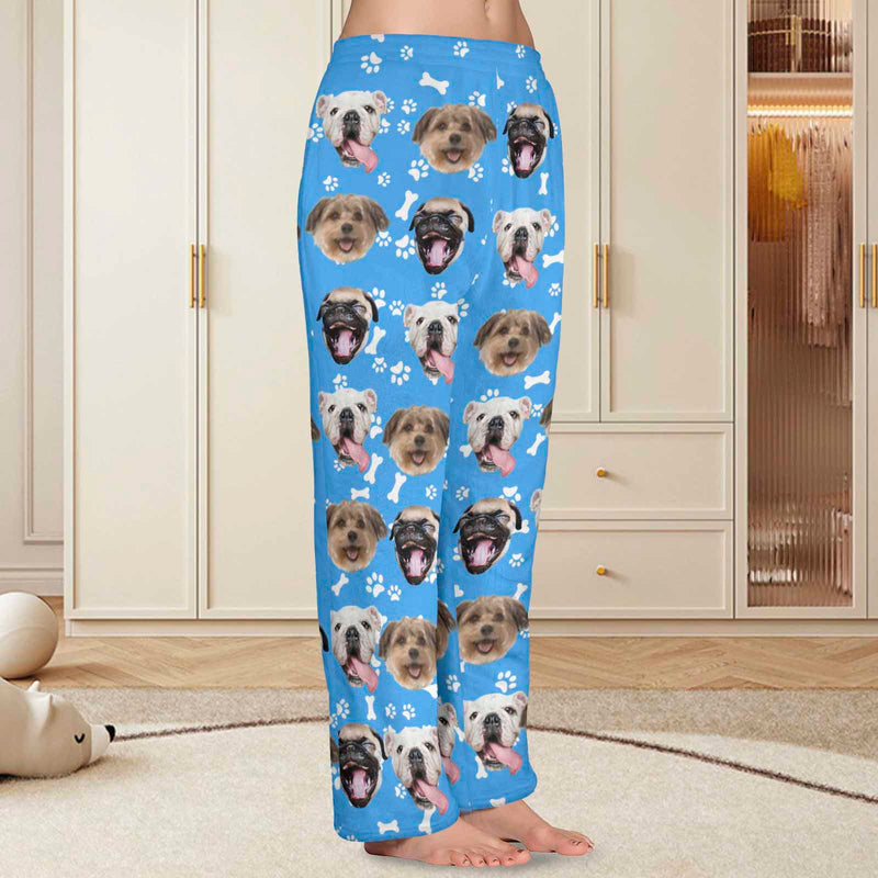 FacePajamas Pajama Shirt&Pants-Fleece For Women / Blue / XS Coral Fleece Pajama Trousers-Custom Pet Face Bone Foot Print Warm and Comfortable Sleepwear Long Pajama Pants For Men Women