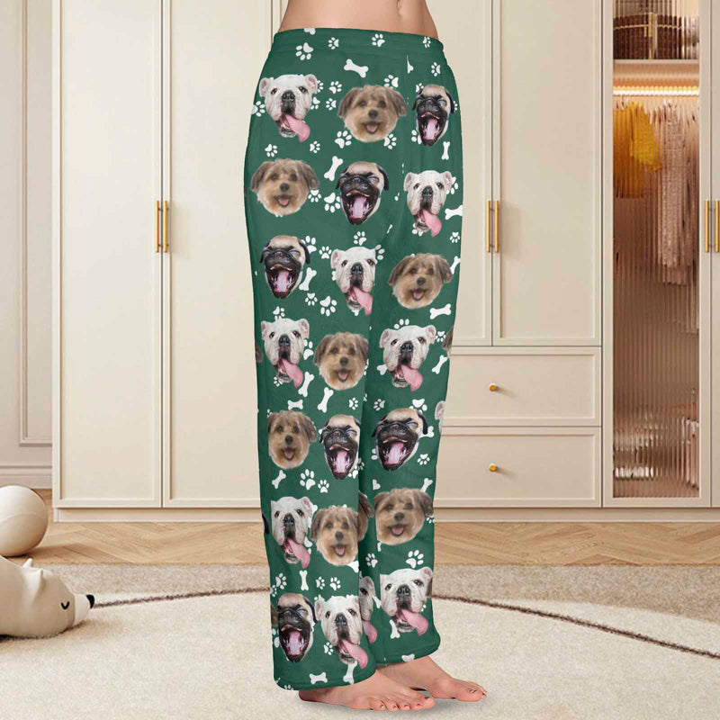 FacePajamas Pajama Shirt&Pants-Fleece For Women / Green / XS Coral Fleece Pajama Trousers-Custom Pet Face Bone Foot Print Warm and Comfortable Sleepwear Long Pajama Pants For Men Women
