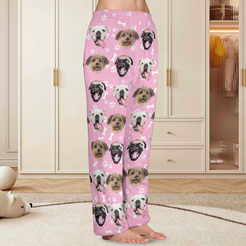 FacePajamas Pajama Shirt&Pants-Fleece For Women / Pink / XS Coral Fleece Pajama Trousers-Custom Pet Face Bone Foot Print Warm and Comfortable Sleepwear Long Pajama Pants For Men Women