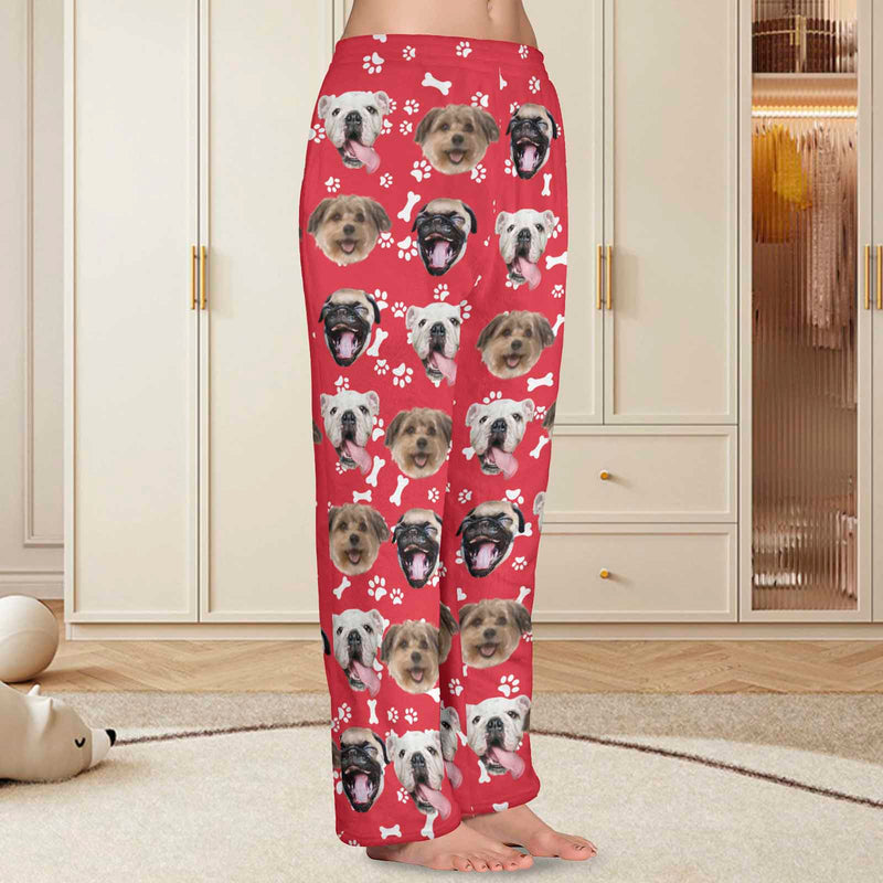 FacePajamas Pajama Shirt&Pants-Fleece For Women / Red / XS Coral Fleece Pajama Trousers-Custom Pet Face Bone Foot Print Warm and Comfortable Sleepwear Long Pajama Pants For Men Women