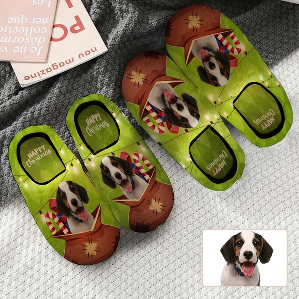 FacePajamas Slippers Green Christmas Custom Dog's Photo All Over Print Personalized Non-Slip Cotton Slippers