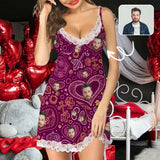 FacePajamas Pajama Dress-1YN-Blue S Custom Face Purple Women's Cami V-Neck Lace Suspenders Nightdress Valentine's Day Pajama Gifts for Her