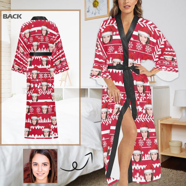 FacePajamas Pajama Robe XS Custom Face Women's Long Pajamas Red Personalized Photo Long Pajamas Kimono Robe for Christmas