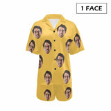 FacePajamas Pajama 1 Face / Yellow / S [Up To 4 Faces] Custom Face Pajama Set Solid Color Loungewear Personalized Photo Sleepwear Women's V-Neck Short Pajama Set