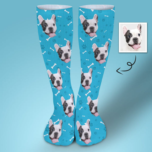 FacePajamas Sublimated Crew Socks-2WH-SDS 1PCS Personalised Pet Socks Dog Face Bone Blue Background Custom Sock with Dog Picture Sublimated Crew Socks