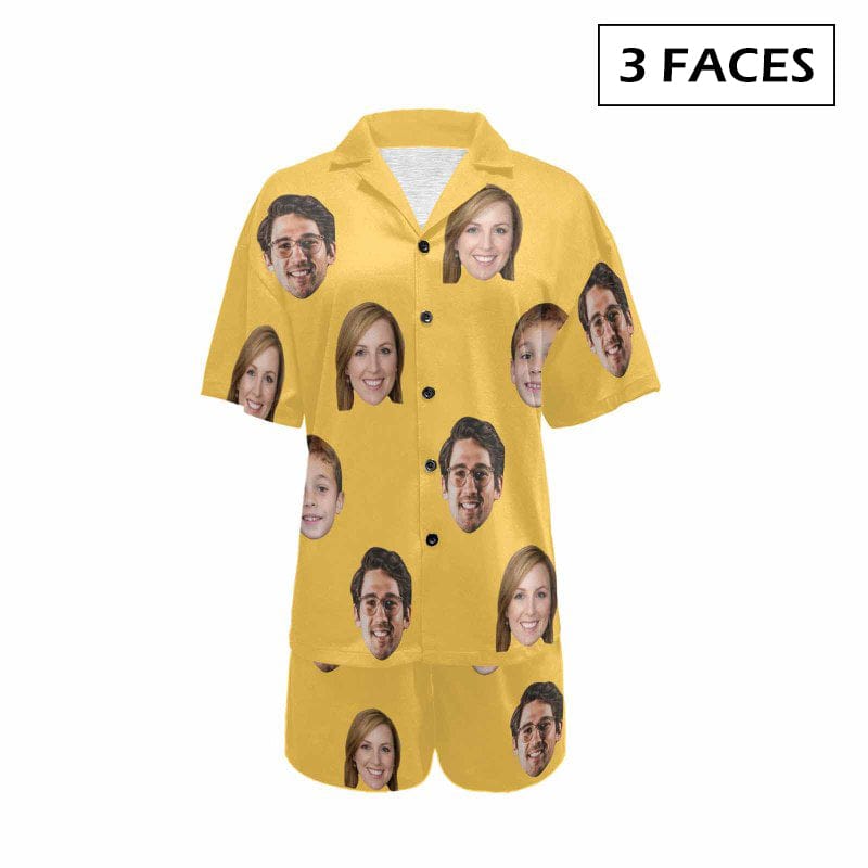 FacePajamas Pajama 3 Faces / Yellow / S [Up To 4 Faces] Custom Face Pajama Set Solid Color Loungewear Personalized Photo Sleepwear Women's V-Neck Short Pajama Set