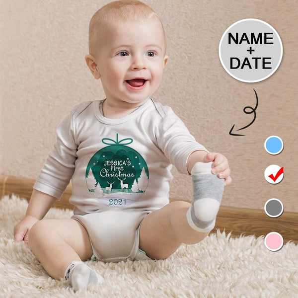 FacePajamas Baby Pajama 3 MONTHS / White Custom Name&Date Christmas Crystal Ball Infant Bodysuit One Piece Jumpsuit Personalized Long Sleeve Rompers Baby Clothes