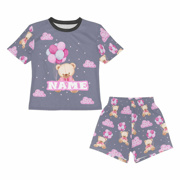 FacePajamas Pajama Big Kids Pajamas Custom Name Bear Balloon Sleepwear Personalized Short Sleeve Pajama Set For Girls 8-15Y