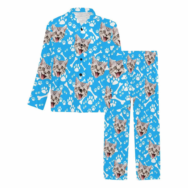 FacePajamas Pajama Blue / S Custom Pet Face Lovely Cat Blue Black Persoanlized Sleepwear Men's Long Pajama Set