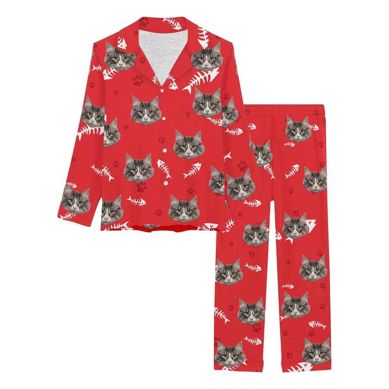 FacePajamas Pajama Cat / Red / XS Custom Face Pajamas My Pet Dog Paw and Bone Sleepwear Personalized Women's Long Pajama Set
