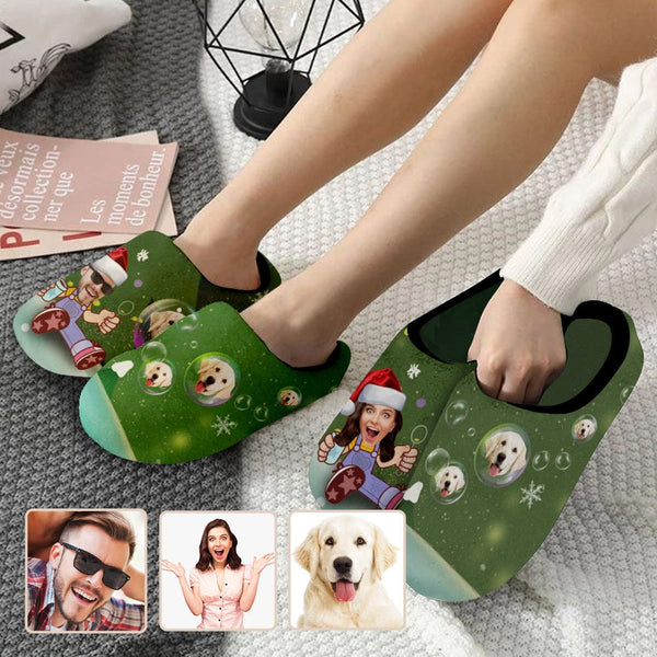 FacePajamas Slippers Couple Gift Green Custom Face Christmas Bubble All Over Print Personalized Non-Slip Cotton Slippers For Girlfriend Boyfriend