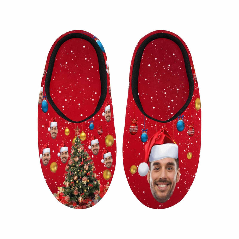 FacePajamas Slippers Couple Gift Red Custom Face Christmas Tree All Over Print Personalized Non-Slip Cotton Slippers For Girlfriend Boyfriend