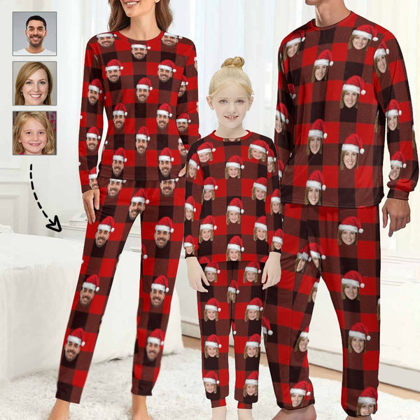 FacePajamas Pajama Custom Face Christmas Hat Red Black Stripes Nightwear Personalized Family Matching Long Sleeve Pajamas Set