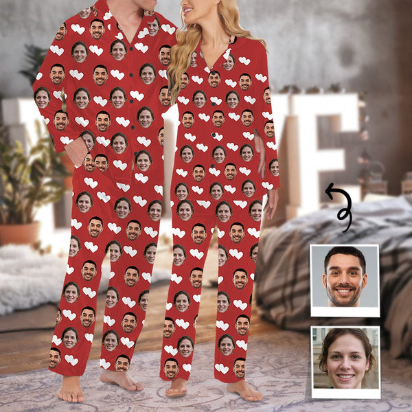 FacePajamas Pajama Custom Face Couple Pajamas Personalized White Love Man Custom Image Couple Matching V-Neck Long Sleeves Pajama Set