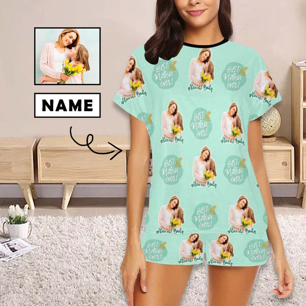 FacePajamas 387520921847 Custom Face Pajamas Best Mother Ever Light Green Loungewear Personalized Women's Short Pajama Set for Mother's Day & Birthday Gift