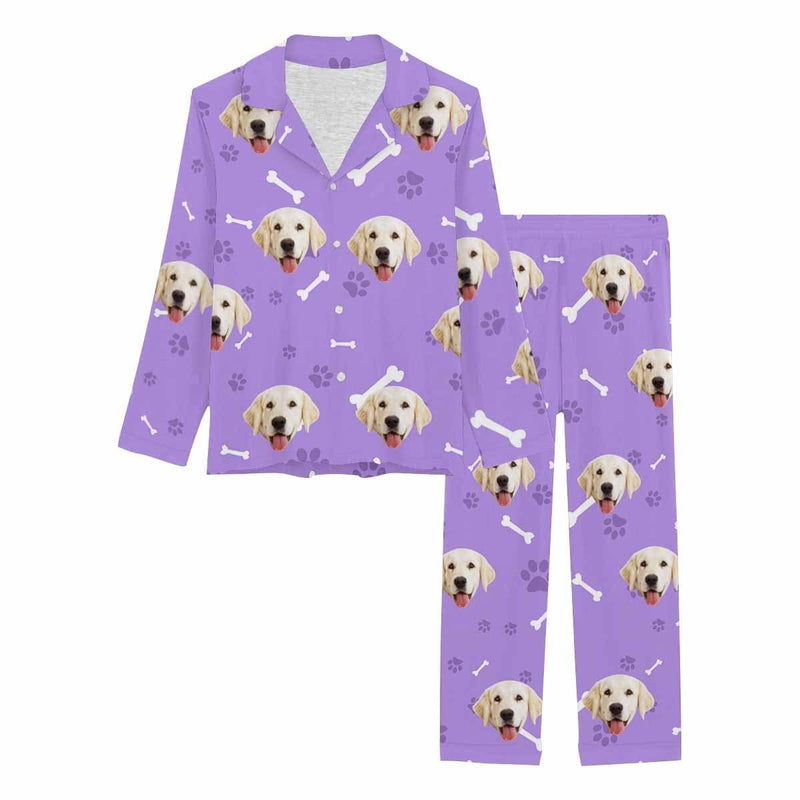 FacePajamas Pajama Dog / Purple / XS Custom Face Pajamas My Pet Dog Paw and Bone Sleepwear Personalized Women's Long Pajama Set