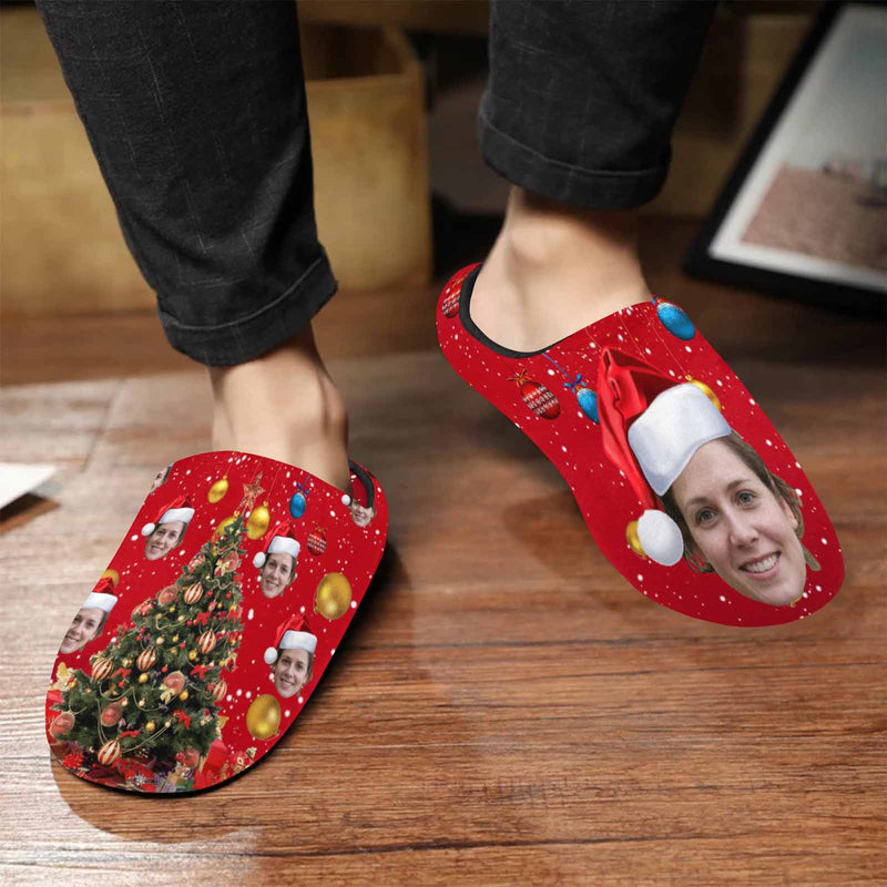 FacePajamas Slippers For Men / S Couple Gift Red Custom Face Christmas Tree All Over Print Personalized Non-Slip Cotton Slippers For Girlfriend Boyfriend