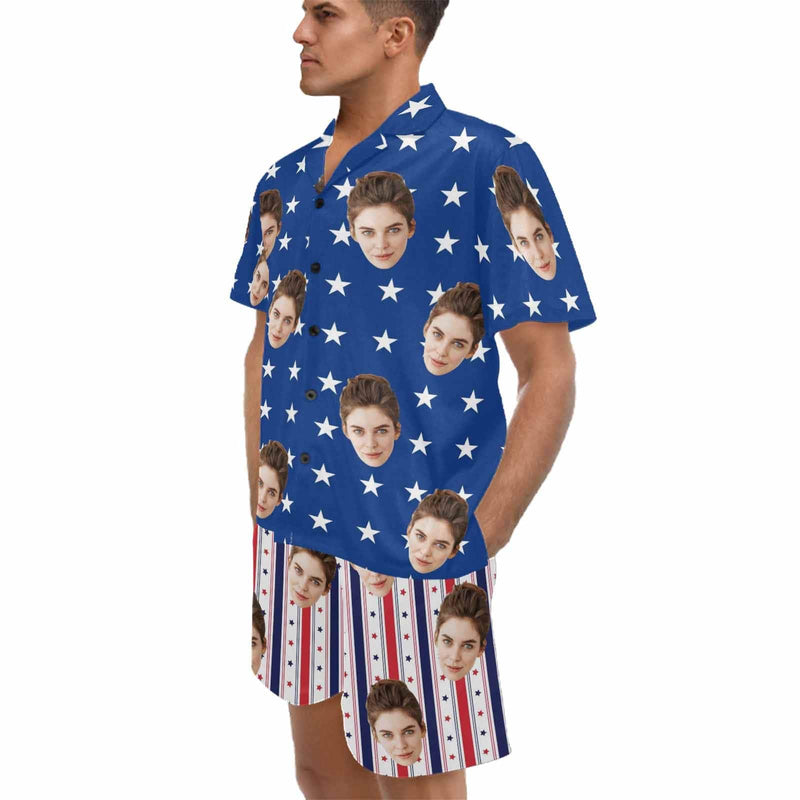 FacePajamas Pajama For Men / S Custom Face Couple Matching Pajamas USA Flag Personalized Couple Matching V-Neck Short Pajama Set