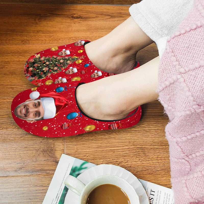 FacePajamas Slippers For Women / S Couple Gift Red Custom Face Christmas Tree All Over Print Personalized Non-Slip Cotton Slippers For Girlfriend Boyfriend