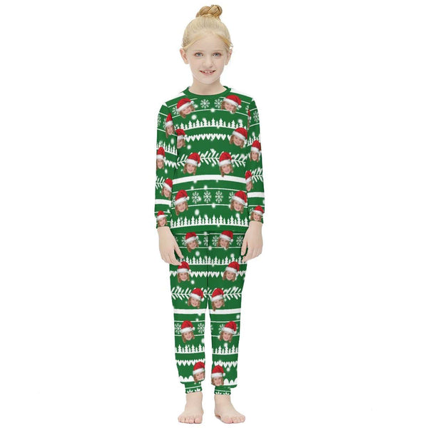 FacePajamas Pajama Green / Kids/6-7Y(XS) Custom Face Christmas Pattern Sleepwear Personalized Family Matching Long Sleeve Pajamas Set
