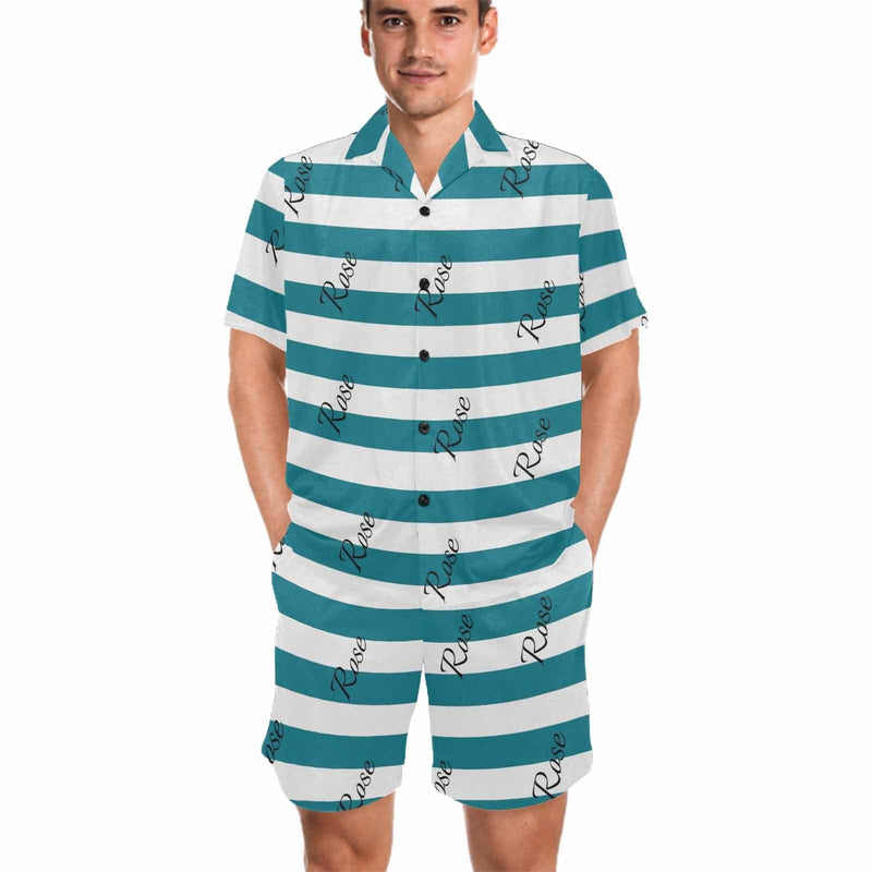 FacePajamas Pajama Green / S Personalized Name Pajamas for Men Summer Loungewear Custom Stripe Men's V-Neck Short Sleeve Pajama Set