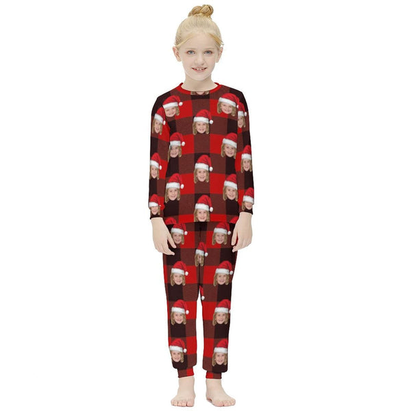 FacePajamas Pajama Kids/6-7Y(XS) Custom Face Christmas Hat Red Black Stripes Nightwear Personalized Family Matching Long Sleeve Pajamas Set