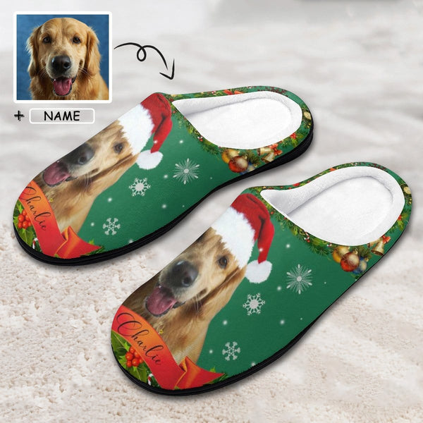 FacePajamas Slippers-2YX-SDS MEN / 7-8(40-41) Custom Pet's Photo  & Name Christmas Hat All Over Print Cotton Slippers