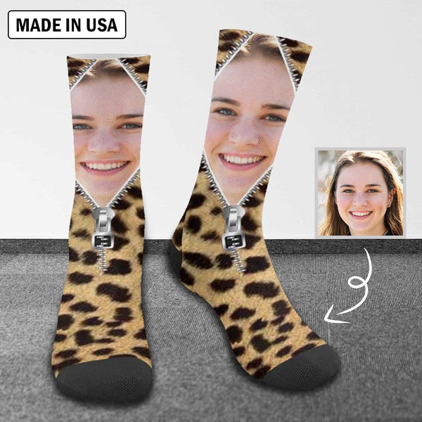 FacePajamas Sublimated Crew Socks One Size Custom Socks with Face Zipper Classic Camo Sublimated Crew Socks Personalized Picture Socks