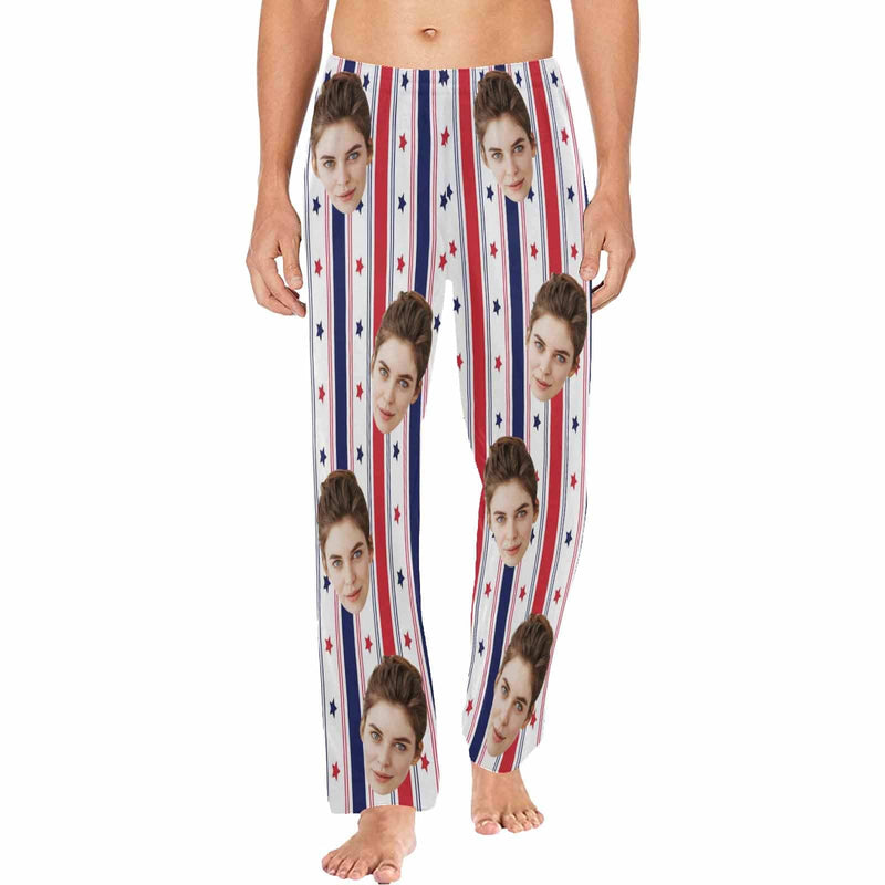 FacePajamas Pajama Shirt&Pants Pajama Pants / S Pajama Shirt&Pajama Pants-Custom Face Pajamas USA Flag Men's Sleepwear Personalized Photo Men's V-Neck Long Sleeve Pajama Set