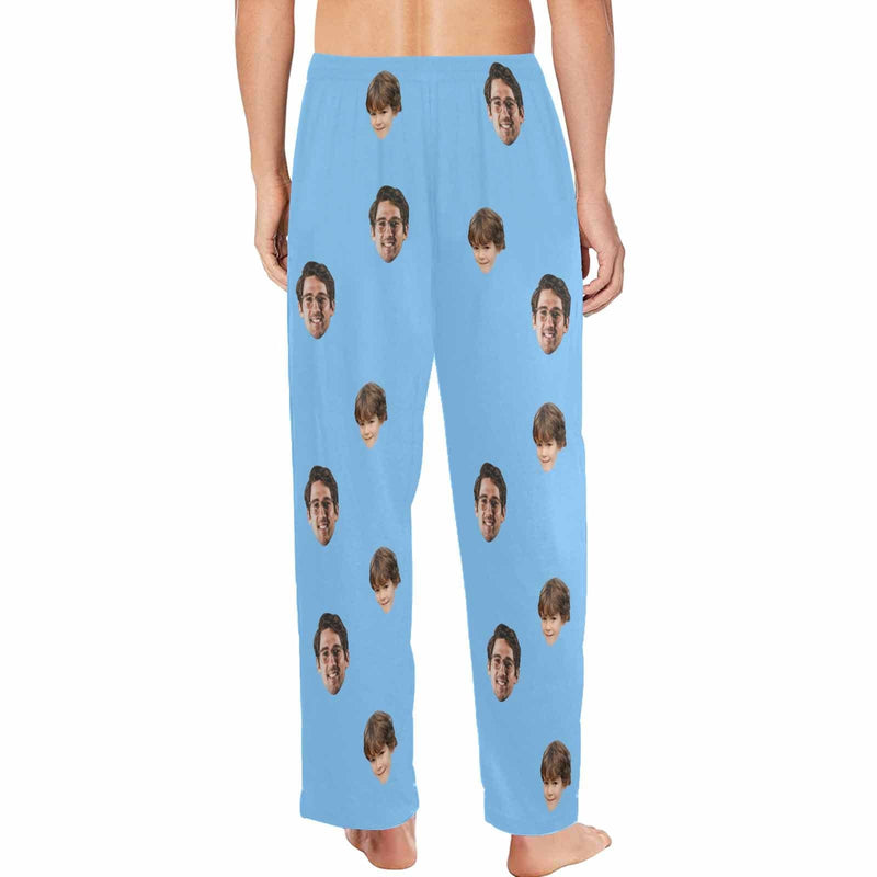 FacePajamas Pajama Shirt&Pants Pajama Shirt&Pajama Pants-Custom Face Pajamas Blue Solid Color Men's Sleepwear Personalized Photo Men's V-Neck Long Pajama Set
