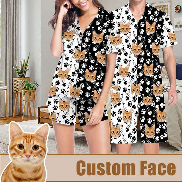 FacePajamas Pajama Personalized Pet Face Pajama Set Women Men Summer Pajamas Custom Cute Cat Couple Matching V-Neck Short Pajama Set