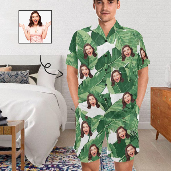 FacePajamas Pajama S Personalized Photo Pajamas For Men Summer Loungewear Custom Leaves Men's V-Neck Short Sleeve Pajama Set