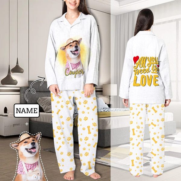 FacePajamas Pajama XS Custom Pet Photo & Name Pajamas Sleepwear Yellow Bones Personalized Women's Slumber Party Long Pajama Set
