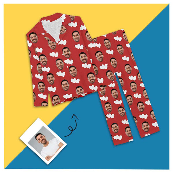 FacePajamas Pajama XS / Without Hat Custom Boyfriend Face Red Love Heart Sleepwear Personalized Women's Slumber Party Long Pajama Set