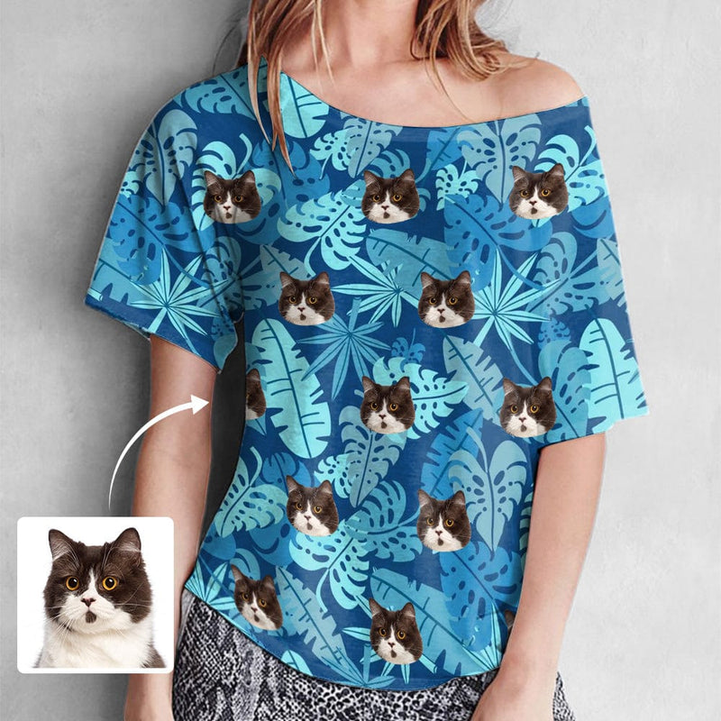DogPicGift Women T-shirt-2ML-SDS 1 / S Custom Face Blue Leaf Slouchy Shirt Loose Fit Tee Personalized One Side Off Shoulder Women's Mid Sleeve Straight Neck T-shirt