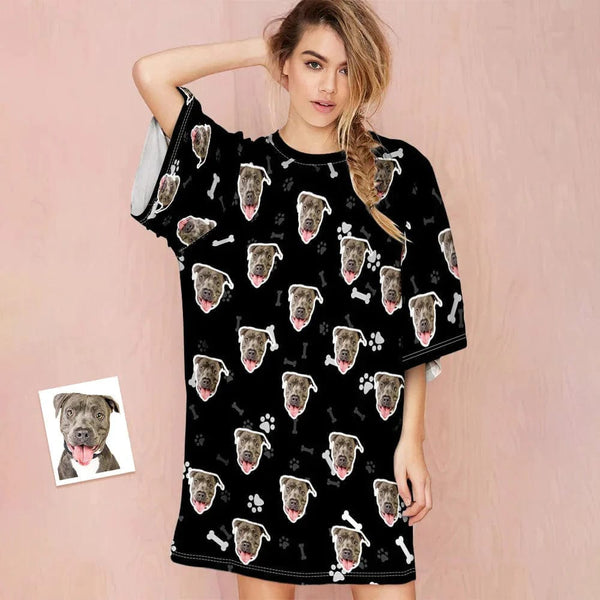DogPicGift Pajama Black / S Custom Dog Face Nightdress Personalized Photo Women's Oversized Colorful Nightshirt Bone Gifts For Women