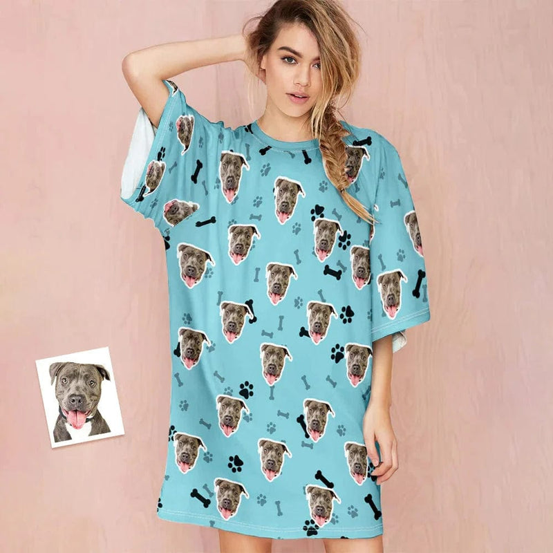 DogPicGift Pajama Blue / S Custom Dog Face Nightdress Personalized Photo Women's Oversized Colorful Nightshirt Bone Gifts For Women