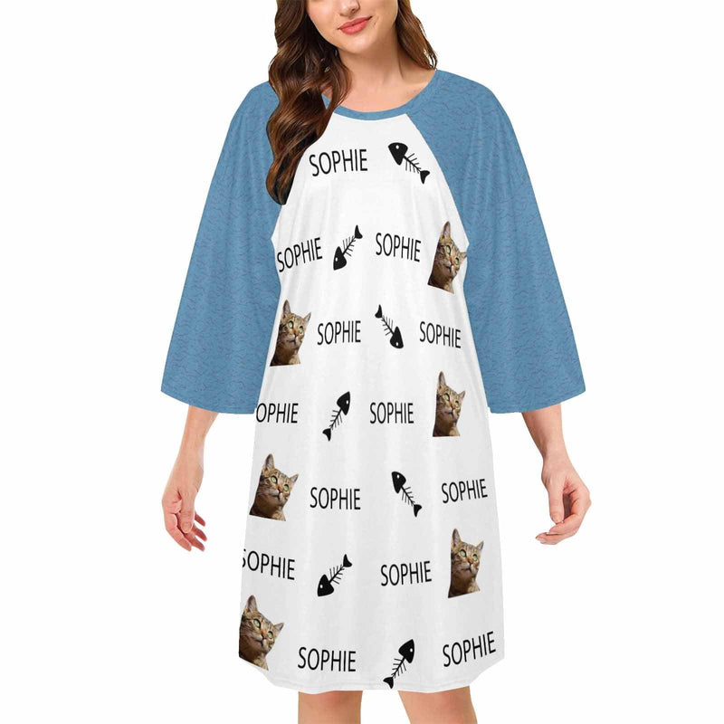 DogPicGift Pajama Cat / S Custom Pet Face&Name Paw Bone Pajamas for Women's Oversized Sleep Tee Personalized Women's Loose Nightshirt Sleepwear