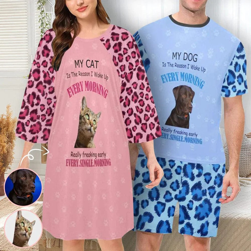 DogPicGift Pajama Custom Dog Cat Crew Neck Couple Matching Short Pajama Set Personalized Pet Face Leopard Print Men Sleepwear&Women's Oversized Sleep Tee