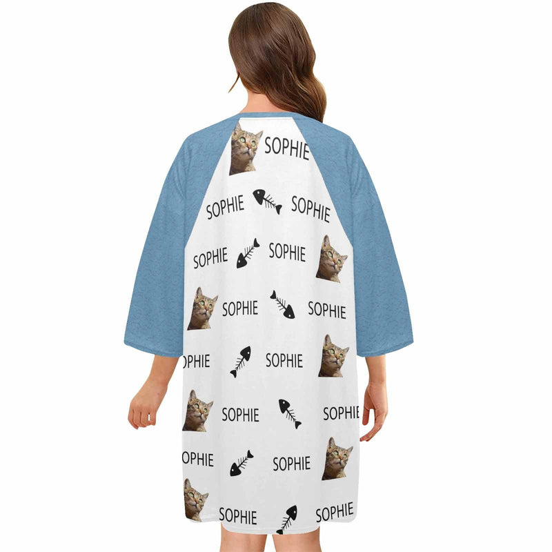 DogPicGift Pajama Custom Pet Face&Name Paw Bone Pajamas for Women's Oversized Sleep Tee Personalized Women's Loose Nightshirt Sleepwear