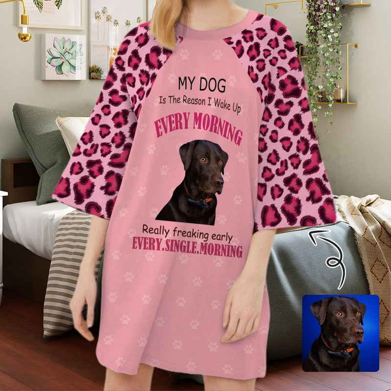 DogPicGift Pajama Custom Pet Face Pink Leopard Print Pajamas for Women's Oversized Sleep Tee Personalized Women's Loose Nightshirt Sleepwear