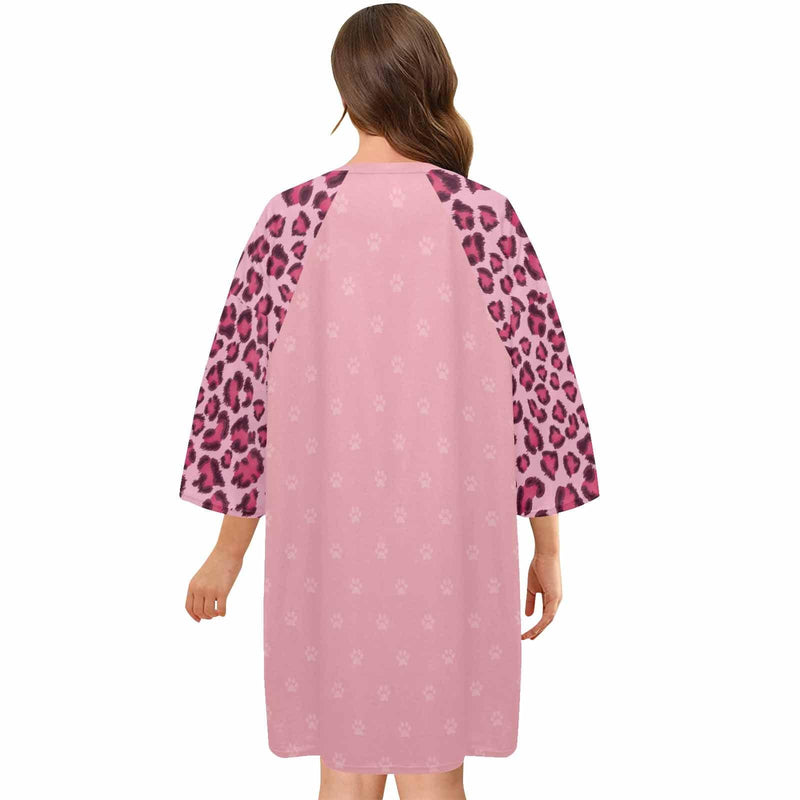 DogPicGift Pajama Custom Pet Face Pink Leopard Print Pajamas for Women's Oversized Sleep Tee Personalized Women's Loose Nightshirt Sleepwear