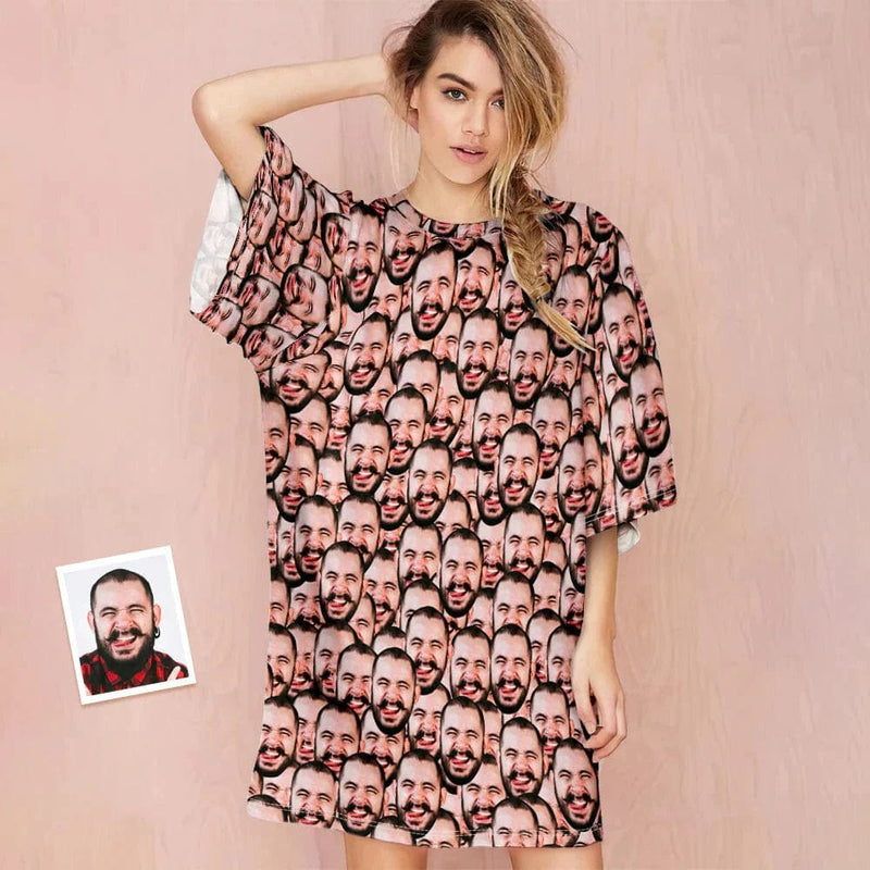 DogPicGift Pajama Custom Pet Seamless Face Pajamas for Women's Oversized Sleep Tee Personalized Women's Loose Nightshirt Sleepwear
